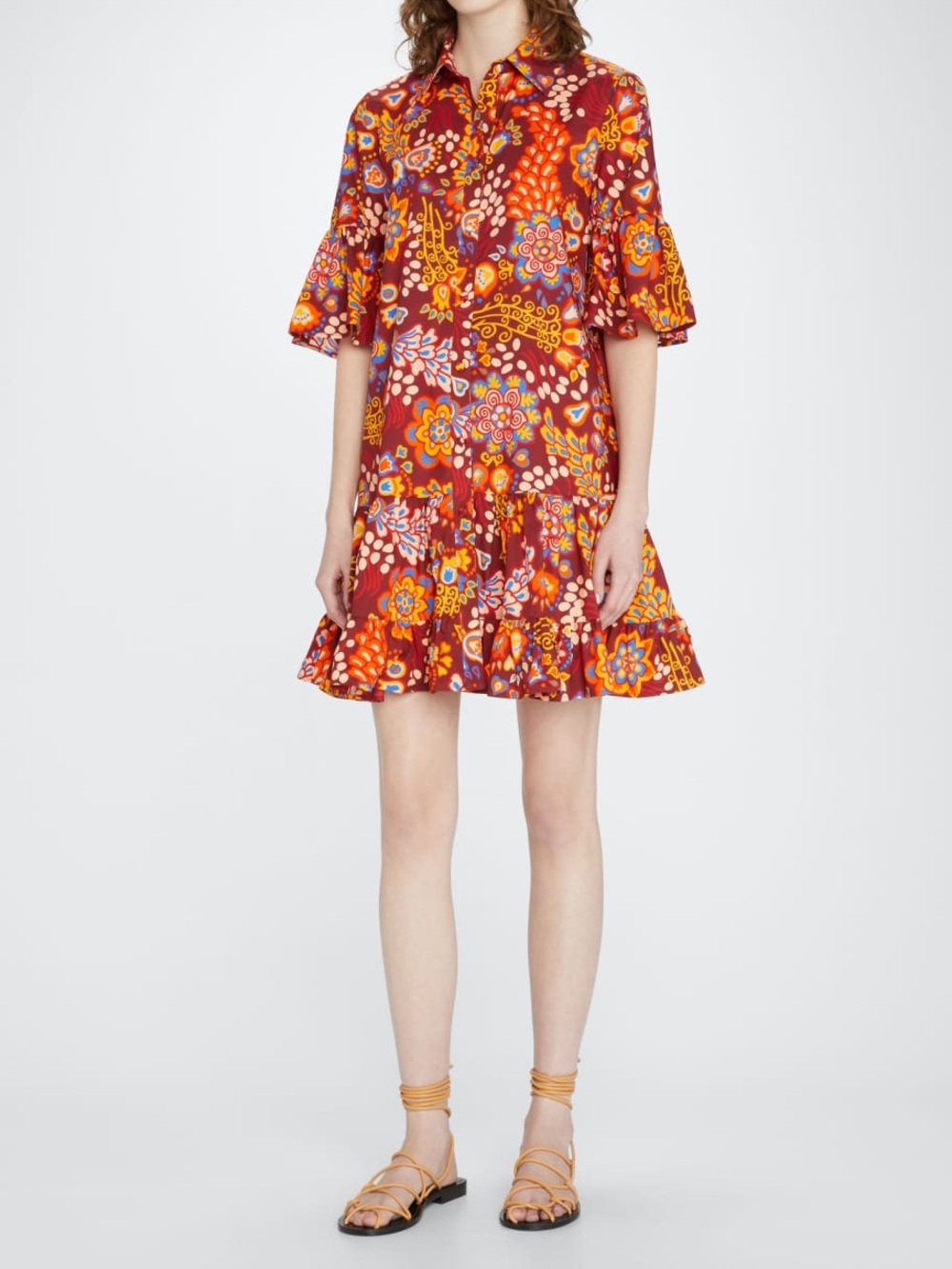 LA DoubleJ Red Orange Floral Ruffle-Hem Mini Dress